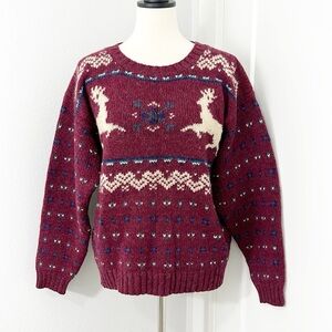 The Woolrich Vintage Large Wool Mohair Maroon Knit Reindeer Fair Isle Sweater